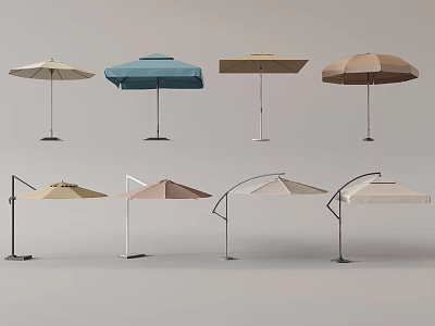 Blue Beige Brown Patio Umbrellas With Straight And Curved Stand Designs For Outdoor Shade 3d model