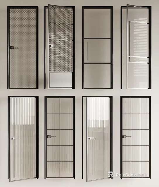 Various Modern Door Designs With Black Frames And Different Glass Patterns 3d model