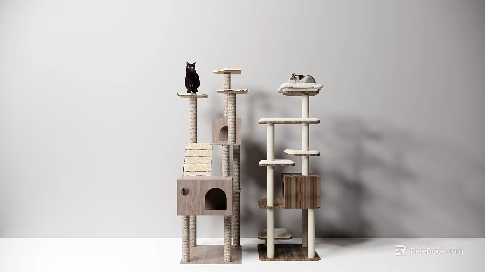 Two Modern Wooden Cat Trees With Platforms Scratching Posts And Resting Black White Cats 3d model 