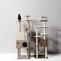 Two Modern Wooden Cat Trees With Platforms Scratching Posts And Resting Black White Cats