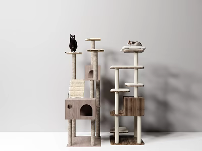 Two Modern Wooden Cat Trees With Platforms Scratching Posts And Resting Black White Cats 3d model