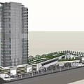 Vibrant Commercial Street With Modern High Rise Buildings And Lush Green Trees