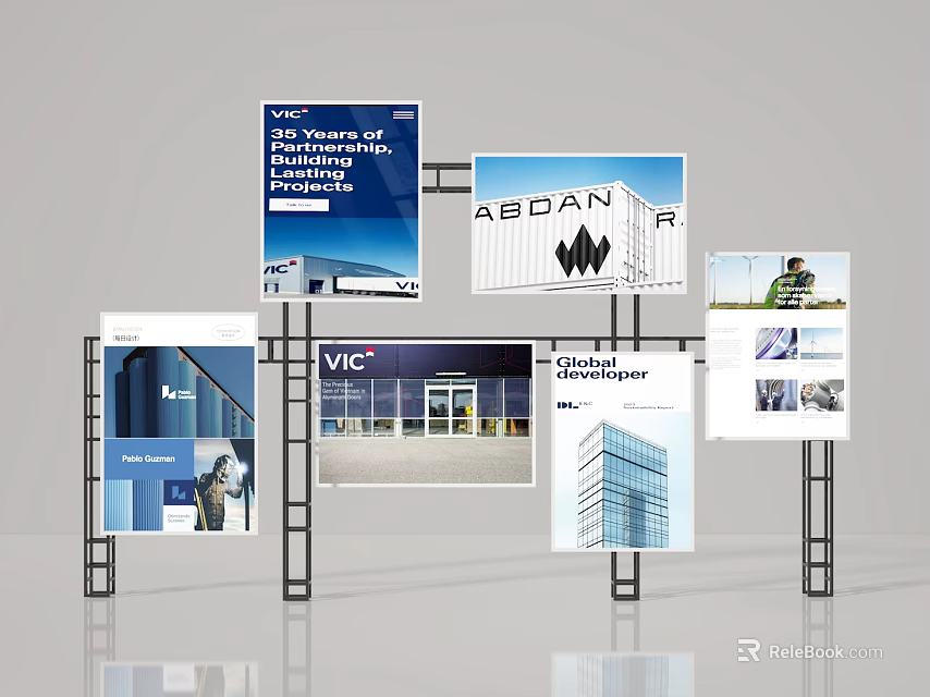 Event Display Wall With Multiple Panels Showcasing Building Excellence Company Logos And Architectural 3d model 