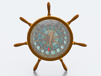 Wooden Ship Wheel Shaped Decorative Ornament Set With Dial And Hands For Home Decor 3d model