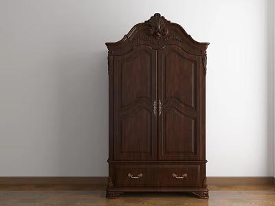 Dark Brown Wooden Wardrobe Featuring Carved Top Double Doors and Bottom Drawers Classic Design 3d model