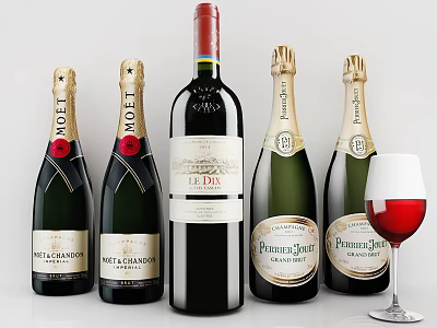 Various Wine Bottles And A Red Wine Glass Display On White Background 3d model