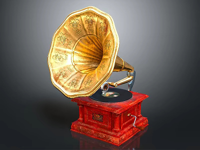 Vintage Gramophone With Golden Horn Red Base And Decorative Patterns 3d model
