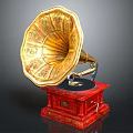 Vintage Gramophone With Golden Horn Red Base And Decorative Patterns
