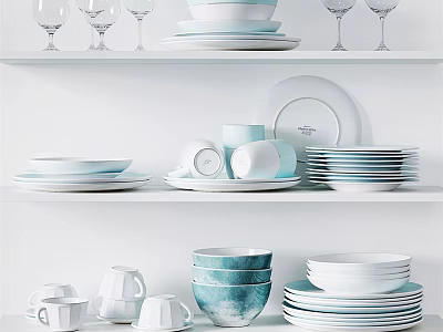 Modern Dinnerware Collection With White Blue Plates Bowls Mugs And Wine Glasses On Shelves 3d model