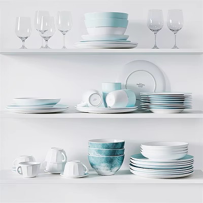 Modern Dinnerware Collection With White Blue Plates Bowls Mugs And Wine Glasses On Shelves 3d model