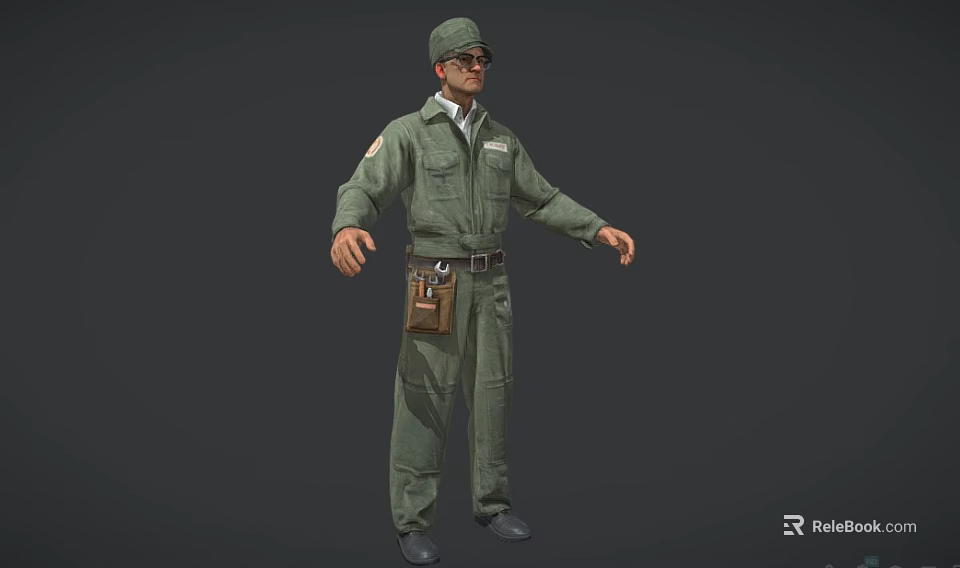 A Man in Green Military Uniform with Cap and Waist Pouch Standing Pose 3d model 
