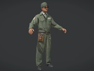 A Man in Green Military Uniform with Cap and Waist Pouch Standing Pose 3d model