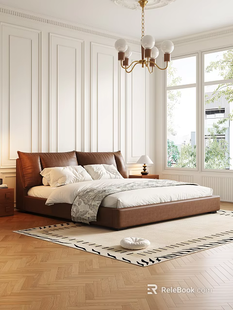 Elegant Brown Double Bed with Headboard and White Bedding in Bedroom with Window Greenery 3d model 