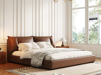 Elegant Brown Double Bed with Headboard and White Bedding in Bedroom with Window Greenery 3d model