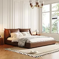 Elegant Brown Double Bed with Headboard and White Bedding in Bedroom with Window Greenery