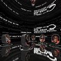 Modern Circular Space With Dark Blue Curtains Seats Ring Lights And People On Reflective Floor