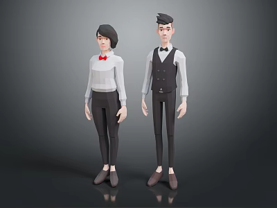 Two 3D Characters In Formal Clothing With White Shirt Red Bow Tie And Black Vest 3d model
