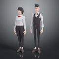 Two 3D Characters In Formal Clothing With White Shirt Red Bow Tie And Black Vest