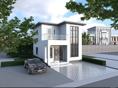Modern Single Family House With White Exterior Large Windows Green Trees And Car On Driveway 3d model