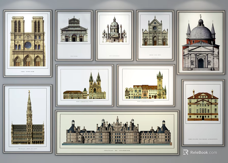 Vintage Classic Architectural Illustrations Featuring Various Building Styles And Framed Prints 3d model