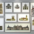 Vintage Classic Architectural Illustrations Featuring Various Building Styles And Framed Prints 3d model