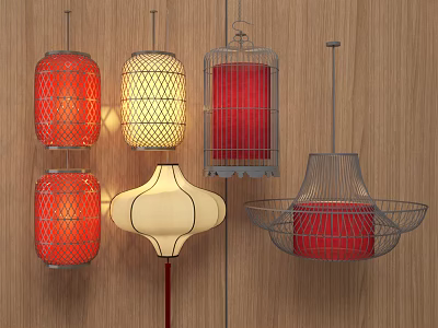 Different Styles of Hanging Lanterns with Red White Shades and Wire Frames 3d model