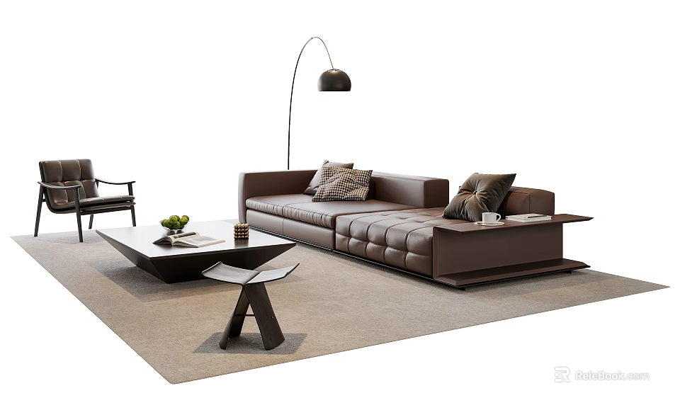 Modern Brown Leather Sofa and Coffee Table Set with Throw Pillows and Floor Lamp 3d model 