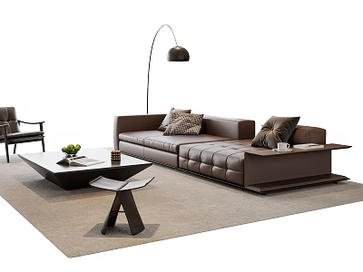 Modern Brown Leather Sofa and Coffee Table Set with Throw Pillows and Floor Lamp 3d model