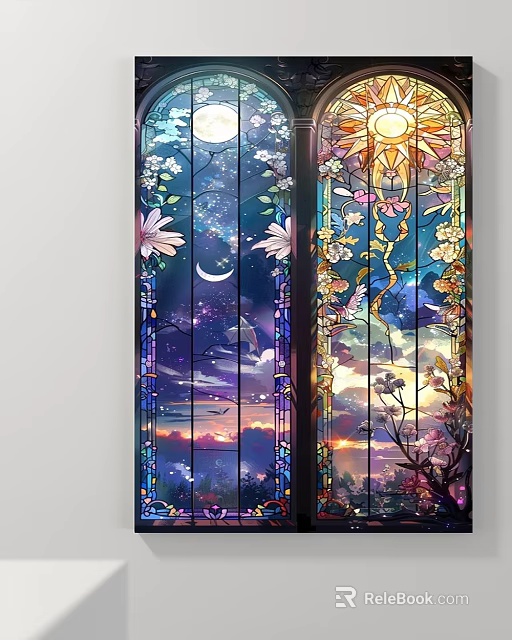 Vibrant Abstract Painting With Moon Sun Flowers And Starry Sky In Stained Glass Style 3d model 