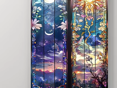 Vibrant Abstract Painting With Moon Sun Flowers And Starry Sky In Stained Glass Style 3d model
