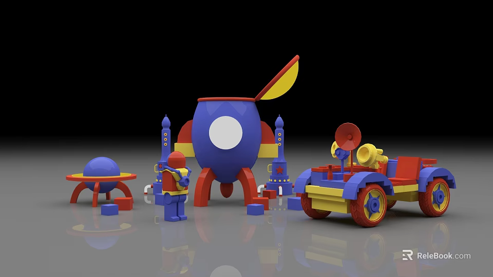Playful Doll Figure With Blue Rocket Red Car Towers And Building Blocks 3d model 