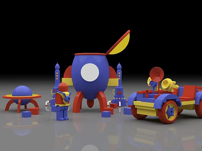 Playful Doll Figure With Blue Rocket Red Car Towers And Building Blocks 3d model
