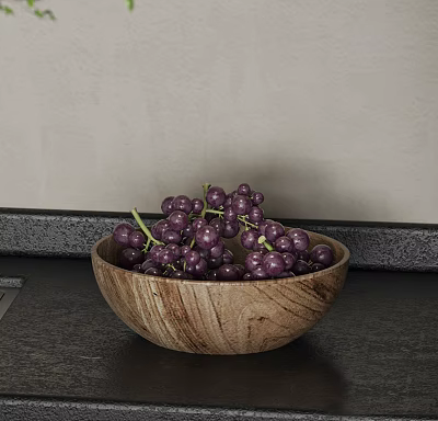 Fresh Purple Grapes in Wooden Bowl on Black Countertop with Light-Colored Wall 3d model