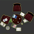 Leisure Sofa Set with Red Armchairs Round Table Books and Scattered Items in Lounge