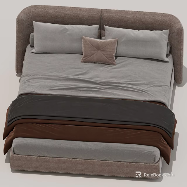 Modern Upholstered Bed With Gray Sheets Brown Cushion And Folded Blankets 3d model