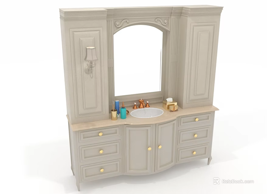 Elegant Modern Dressing Vanity Table With Arch Mirror Cabinets Drawer Storage Countertop And Decorative Bottles 3d model 