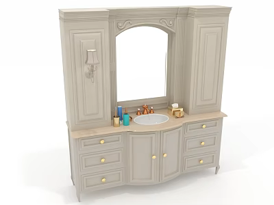Elegant Modern Dressing Vanity Table With Arch Mirror Cabinets Drawer Storage Countertop And Decorative Bottles 3d model