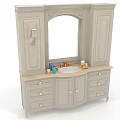 Elegant Modern Dressing Vanity Table With Arch Mirror Cabinets Drawer Storage Countertop And Decorative Bottles
