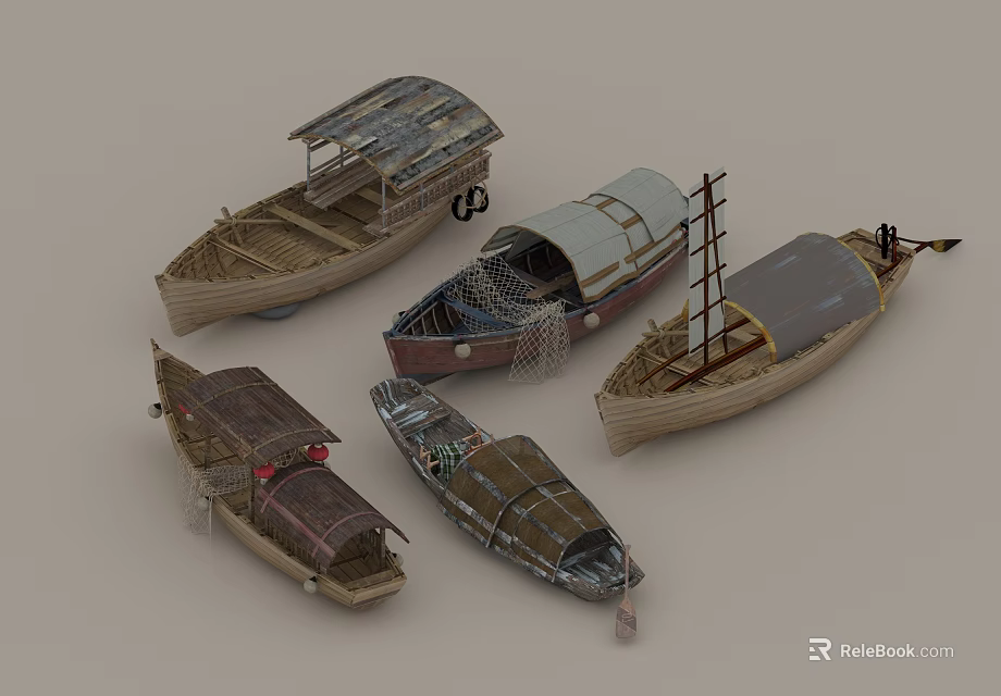 Various Traditional Wooden Boats With Canopies Sails And Decorative Details 3d model 