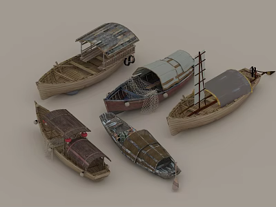 Various Traditional Wooden Boats With Canopies Sails And Decorative Details 3d model