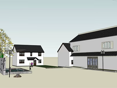 Traditional Chinese Residential Buildings With White Walls Black Roofs Courtyard Trees Street Lamps And Figures 3d model