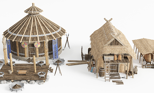 Ethnic style camp thatched cottage house 3d model