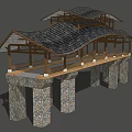 Traditional Garden Landscape Pavilion With Curved Tile Roof Wooden Frame And Stone Pillars