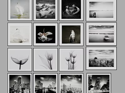 Black and White Landscape Prints Collage With Various City And Seascape Scenes 3d model