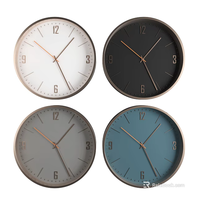 Modern Wall Clocks Featuring White Black Gray Blue Dials Gold Hands and Metal Frames 3d model