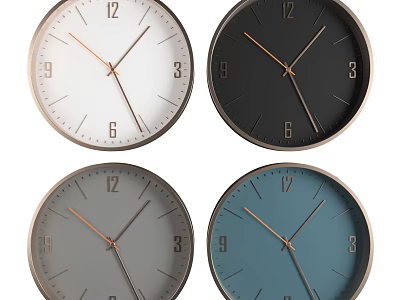Modern Wall Clocks Featuring White Black Gray Blue Dials Gold Hands and Metal Frames 3d model