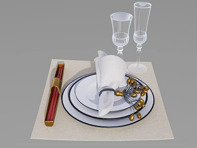 Elegant Tableware Set With White Plates Folded Napkin Wine Glasses And Cutlery On Placemat 3d model