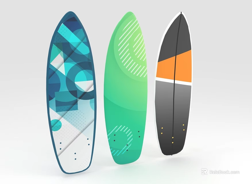 Three Colorful Surfboards Featuring Various Geometric And Stripe Patterns As Recreational Gear 3d model 