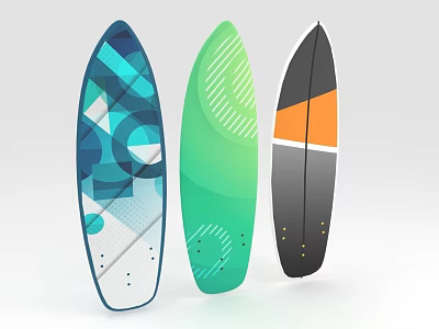 Three Colorful Surfboards Featuring Various Geometric And Stripe Patterns As Recreational Gear 3d model