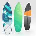 Three Colorful Surfboards Featuring Various Geometric And Stripe Patterns As Recreational Gear